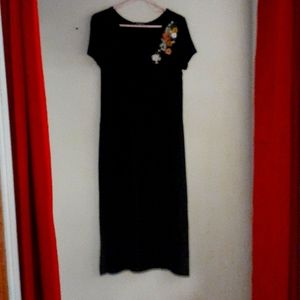 Cha Cha Vente, M black dress, sheer skirt,  colorful embroidery